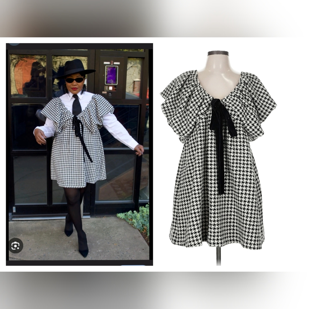 Houndstooth Mini Dress with Bow Tie Neck - Black & White